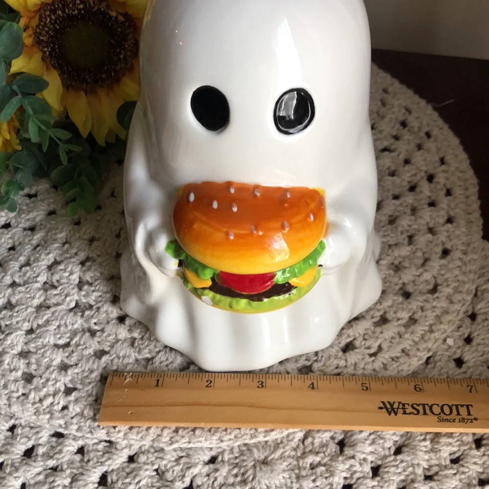 White Ceramic Ghost Figurine Holding Burger